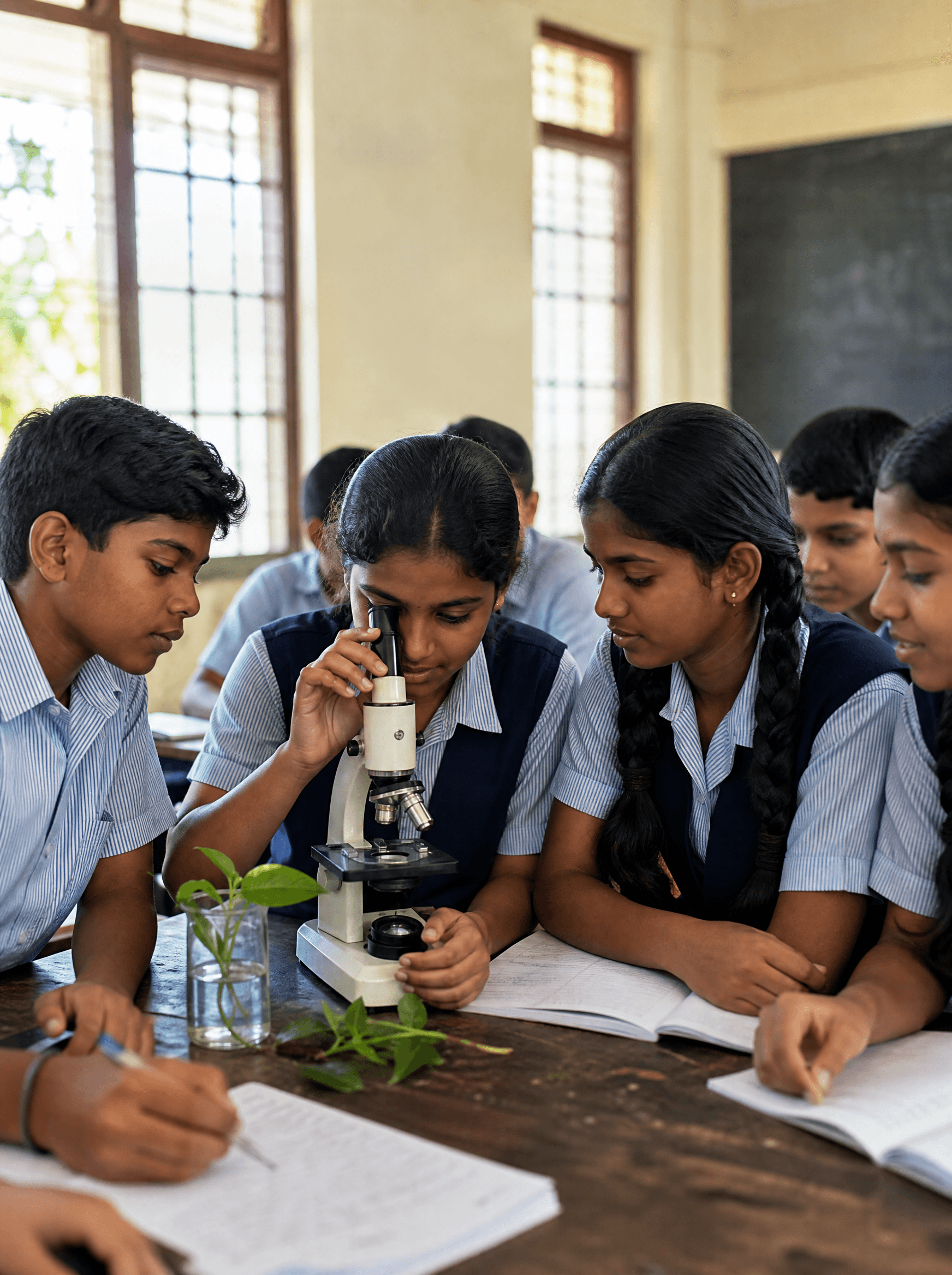 Students examining a specimen together in a Kerala school science class