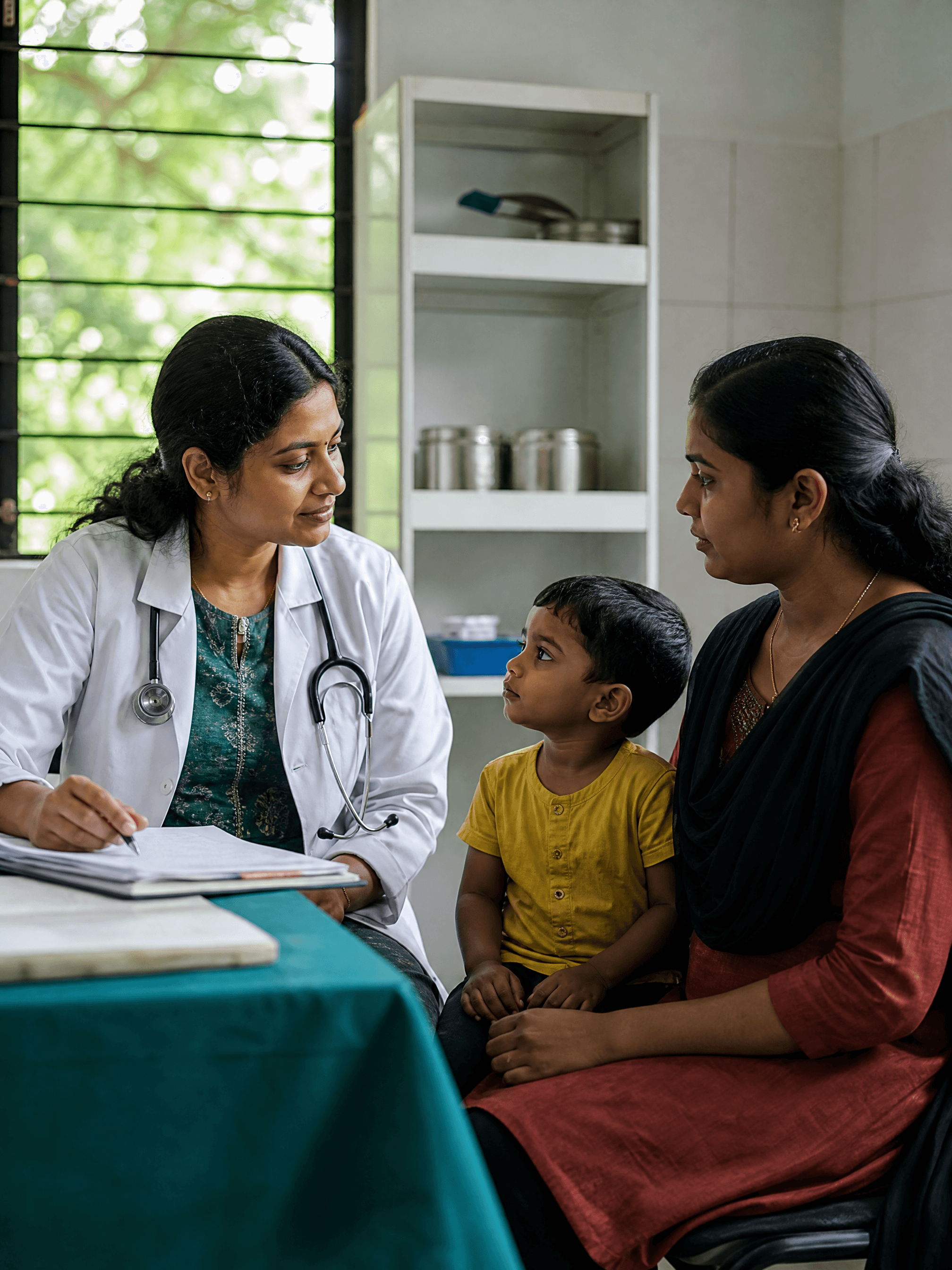 A doctor consulting with a mother and child in a community clinic