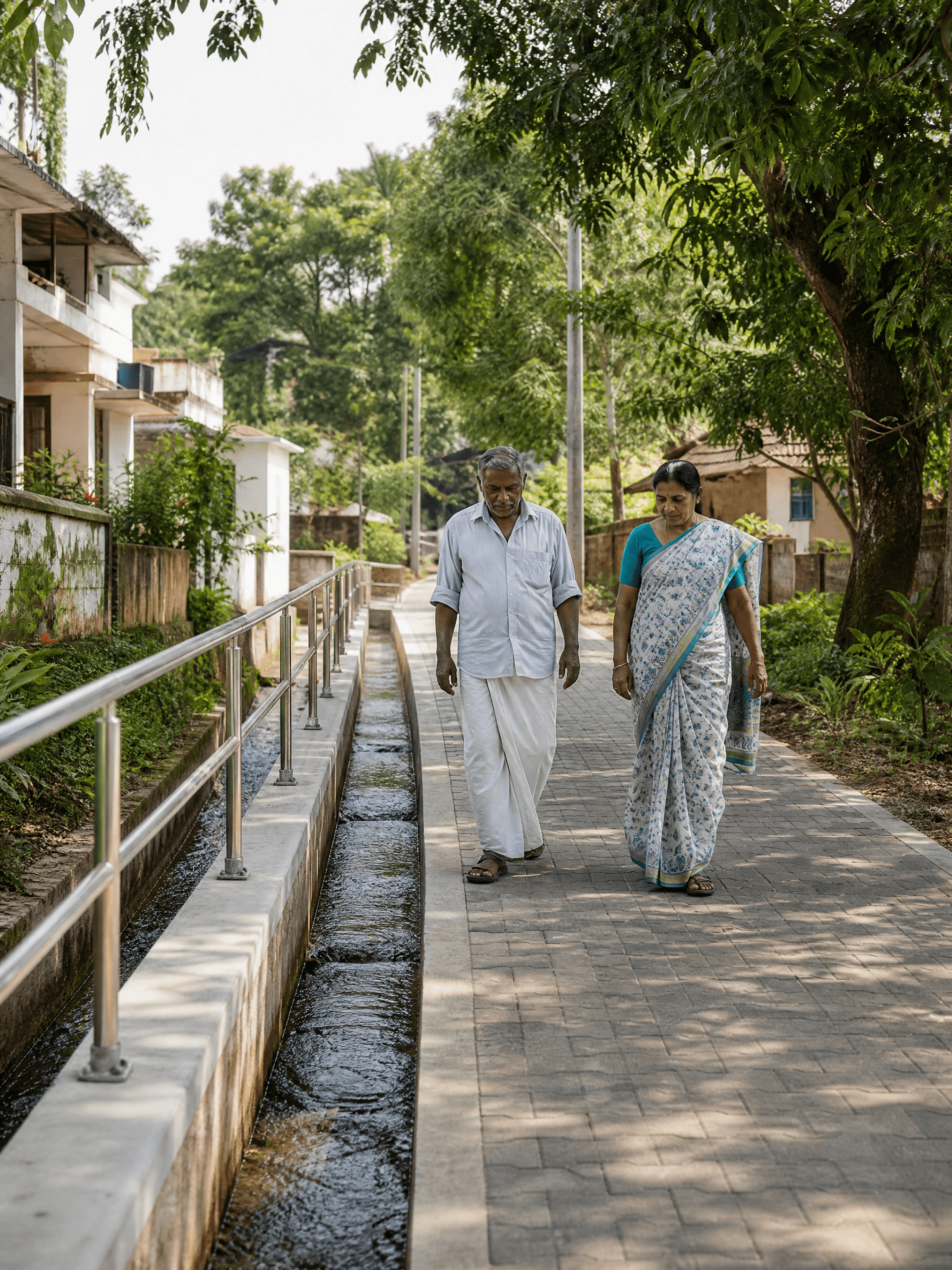 Residents walking along an upgraded public walkway and drainage channel in Kerala