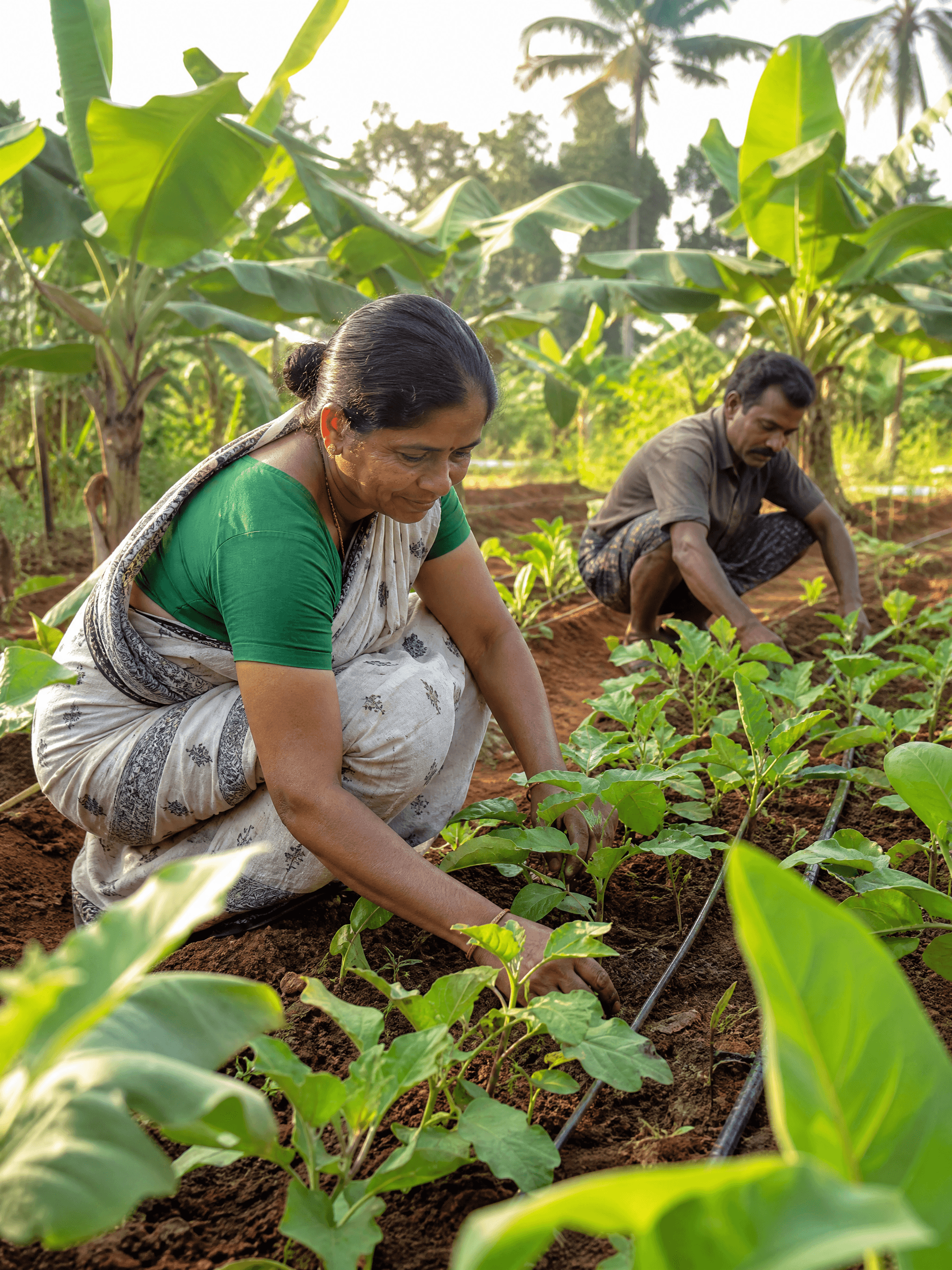 Farmers tending a banana and vegetable plot with drip irrigation in Kerala