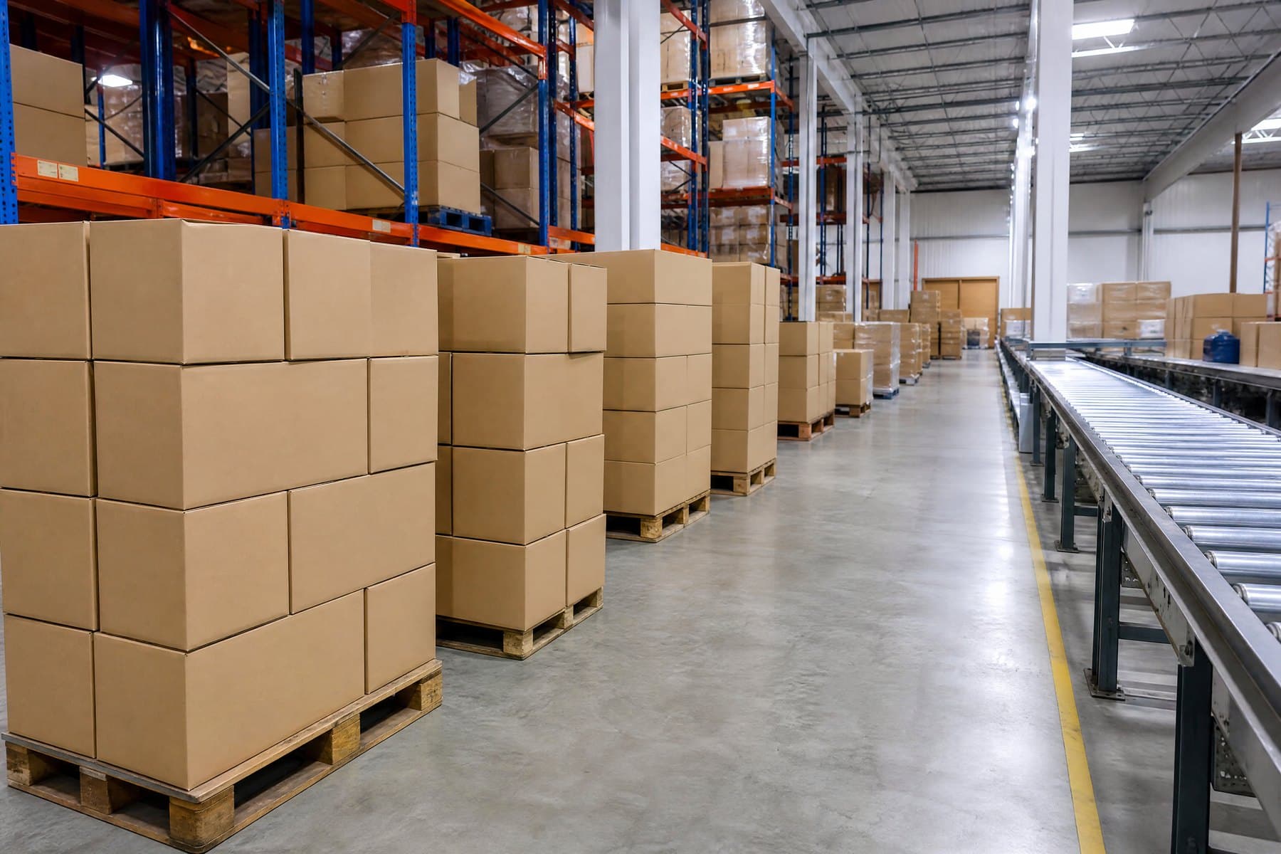Export cartons stacked on pallets in a despatch area