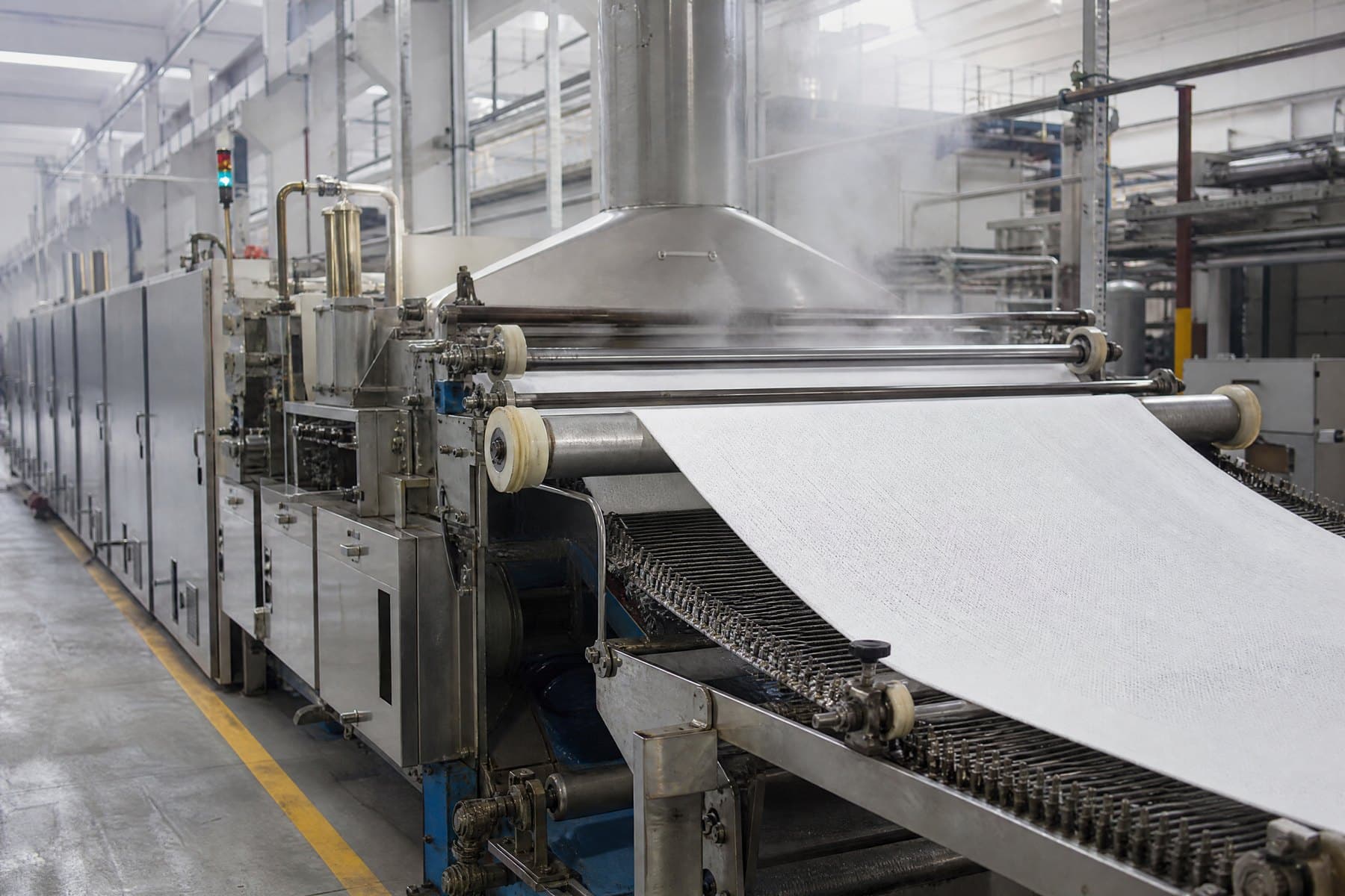 A stenter finishing line carrying open width knitted fabric