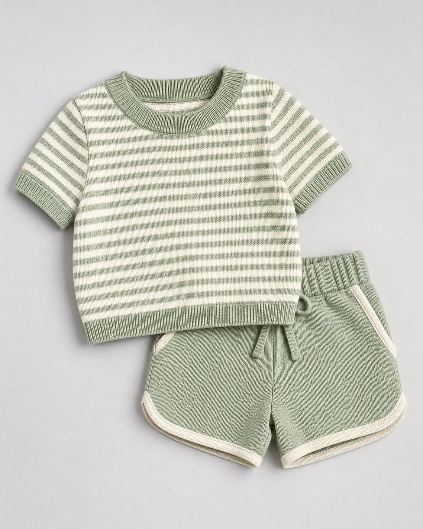 A two piece knitted toddler set in sage green and cream
