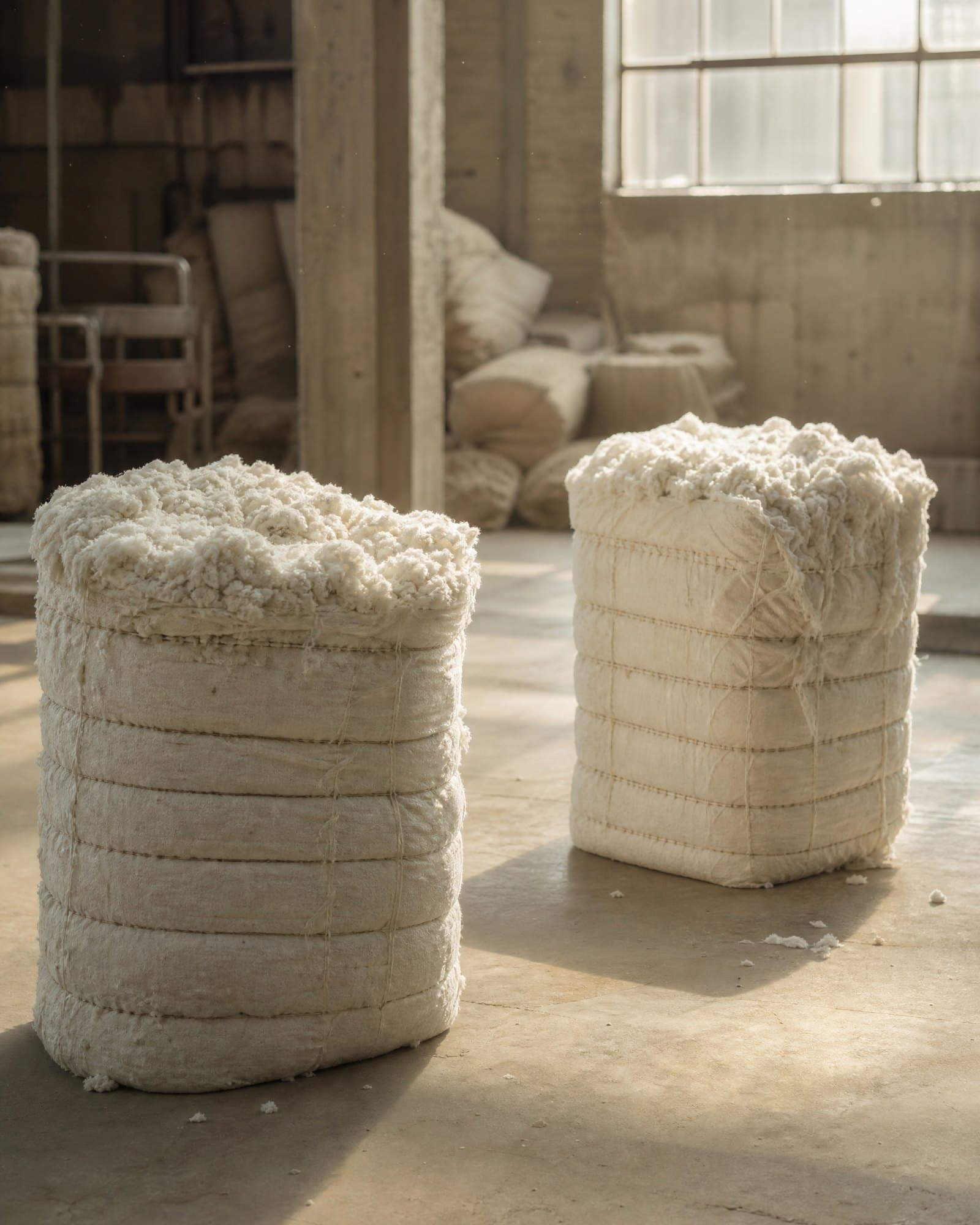 Bales of raw cotton fibre kept separated in a mill store